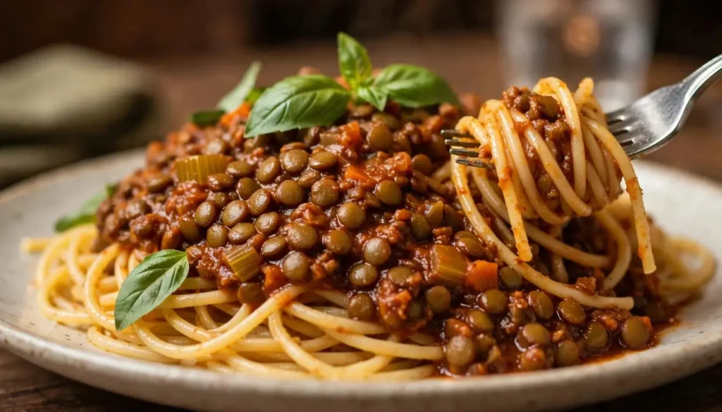 Lentil bolognese sauce over pasta