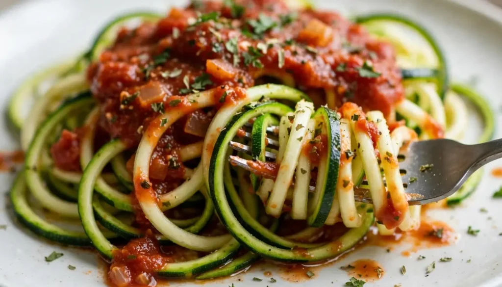 Zucchini noodles topped with marinara sauce