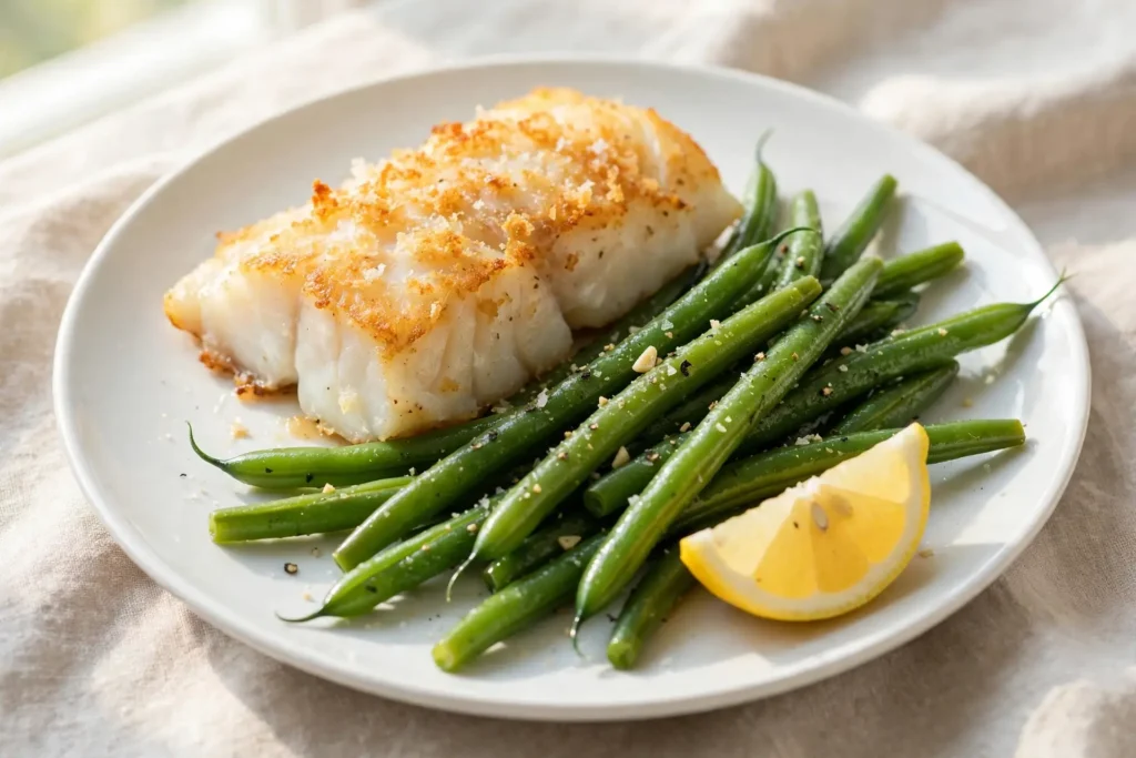 Air fryer cod fillet with green beans on a plate