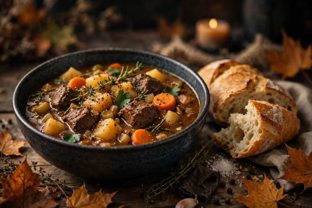 Hearty beef and vegetable stew with potatoes and carrots in a bowl