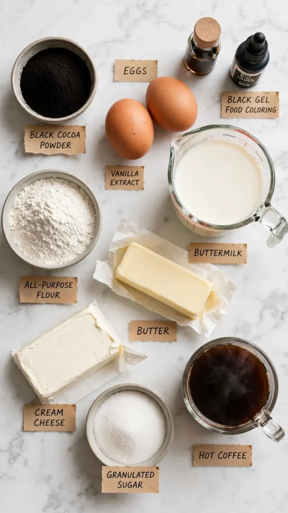 Top-down flat lay of all ingredients needed to make black velvet cake including black cocoa powder, buttermilk, eggs, cream cheese, and gel food coloring