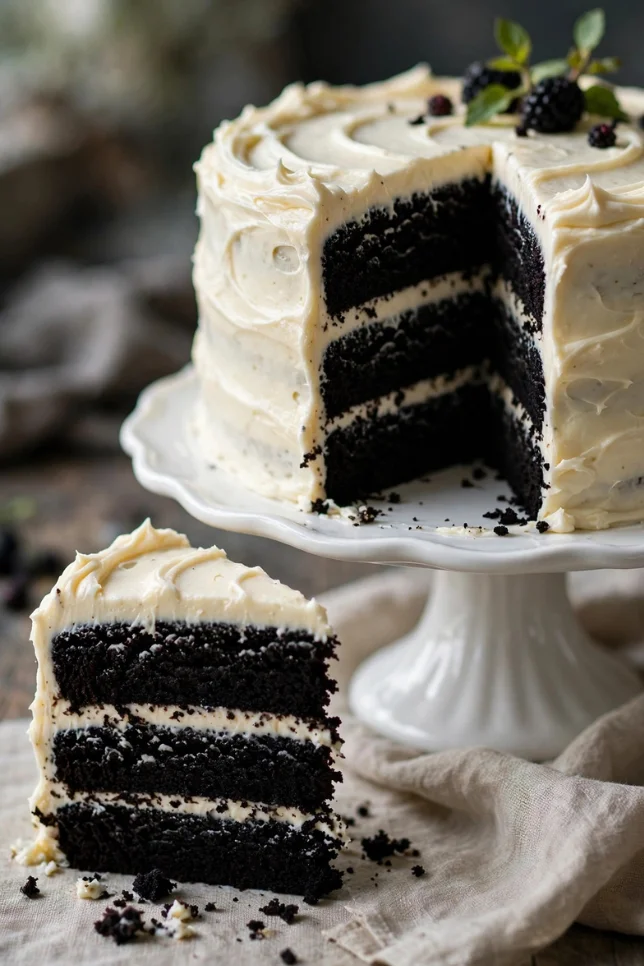 Black velvet cake with cream cheese frosting on a white cake stand with a slice cut to show the dark crumb inside