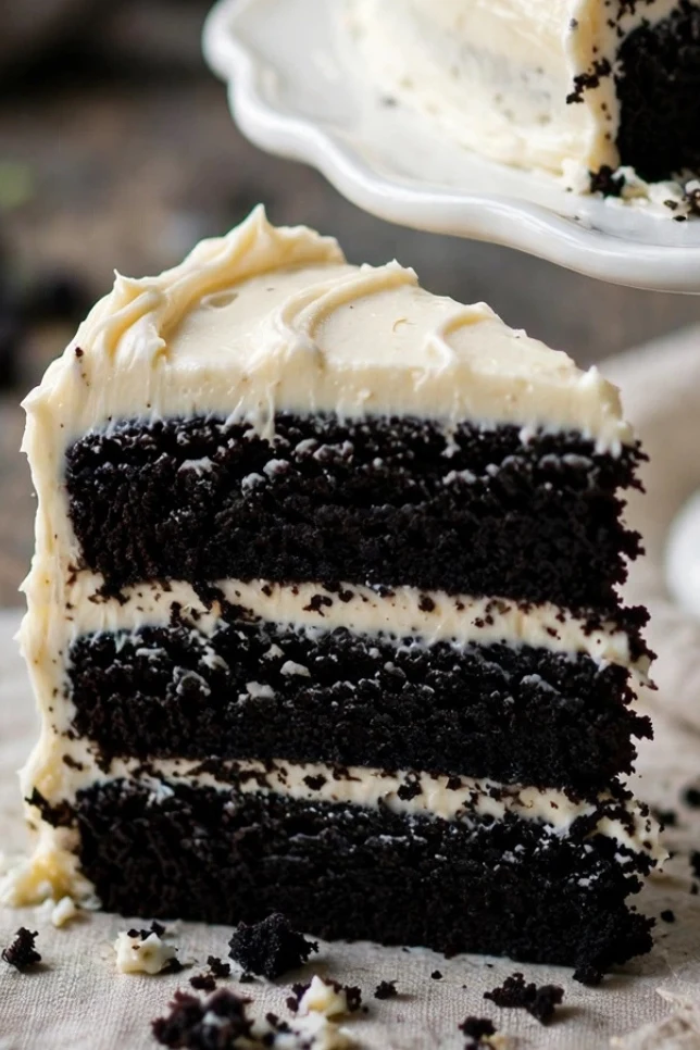 Black velvet cake with cream cheese frosting on a white cake stand with a slice cut to show the dark crumb inside