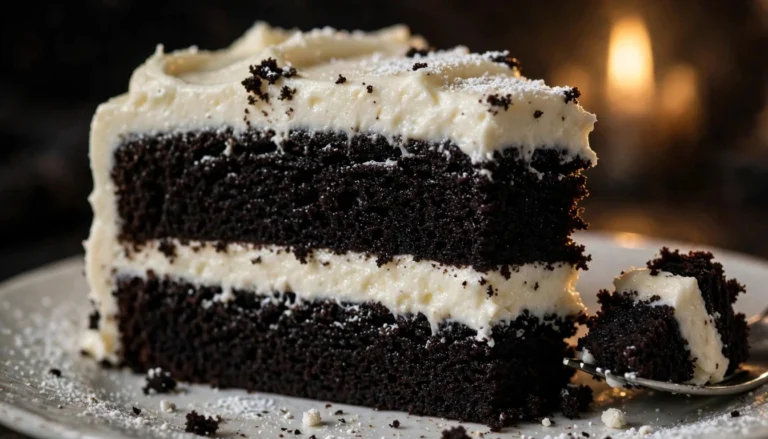 Black velvet cake with cream cheese frosting on a white cake stand with a slice cut to show the dark crumb inside