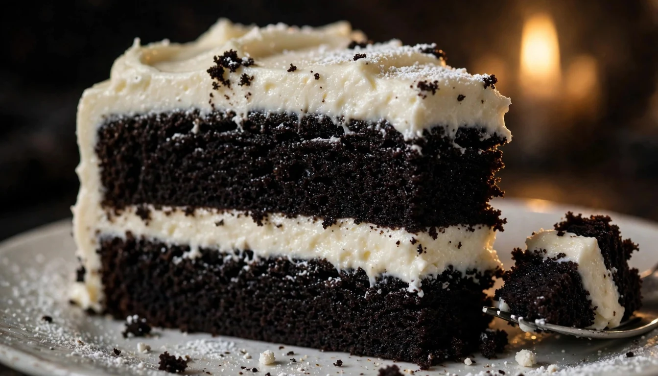 Black velvet cake with cream cheese frosting on a white cake stand with a slice cut to show the dark crumb inside