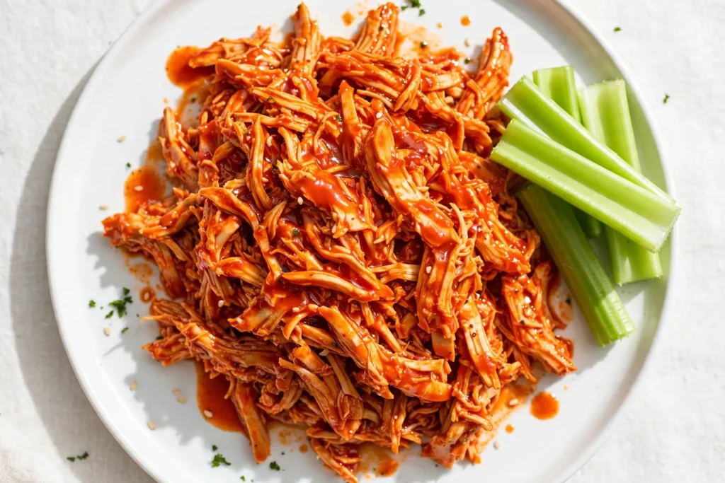 Shredded buffalo chicken with visible red sauce on a plate