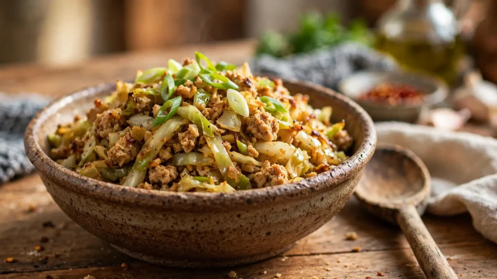 Bowl of sauteed cabbage and ground chicken
