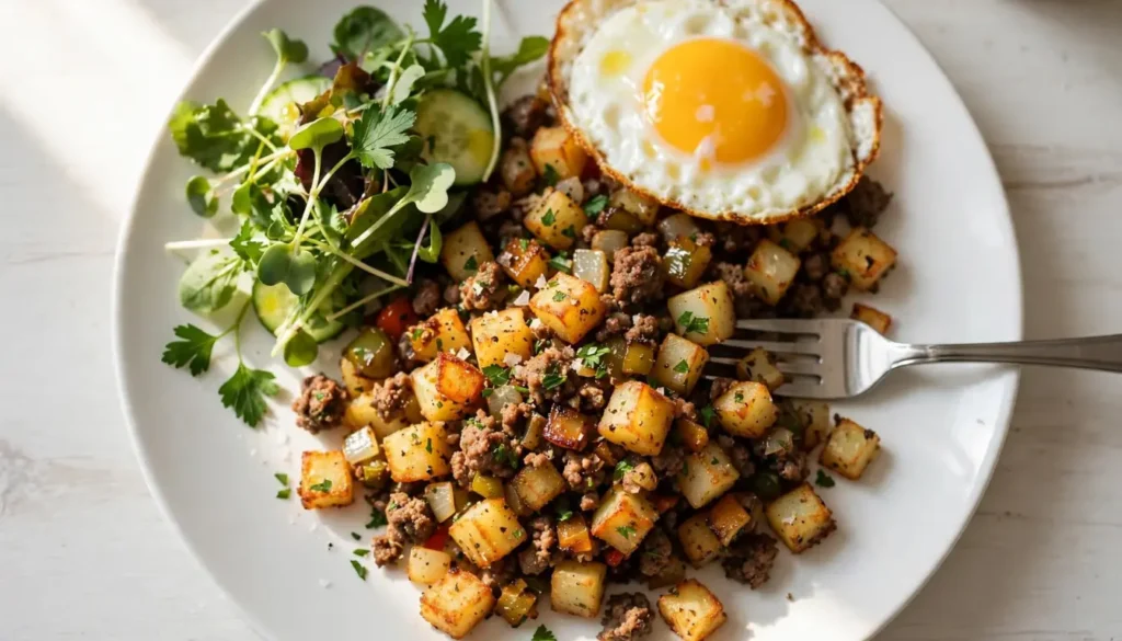 Classic hamburger hash with crispy potatoes and ground beef topped with a fried egg in a cast iron skillet