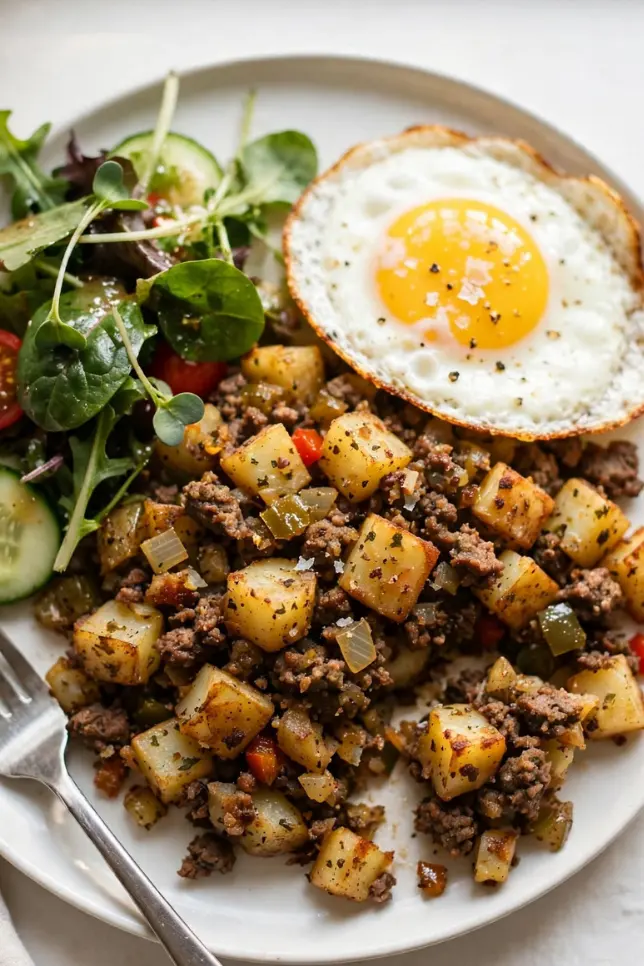 Classic hamburger hash with crispy potatoes and ground beef topped with a fried egg in a cast iron skillet