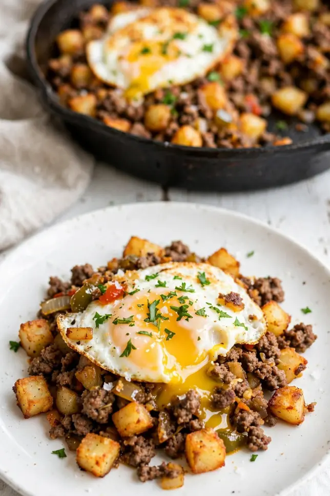 Classic hamburger hash with crispy potatoes and ground beef topped with a fried egg in a cast iron skillet