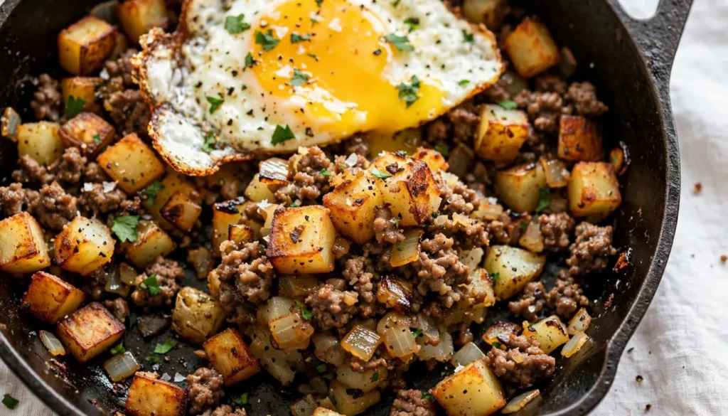 Classic hamburger hash with crispy potatoes and ground beef topped with a fried egg in a cast iron skillet