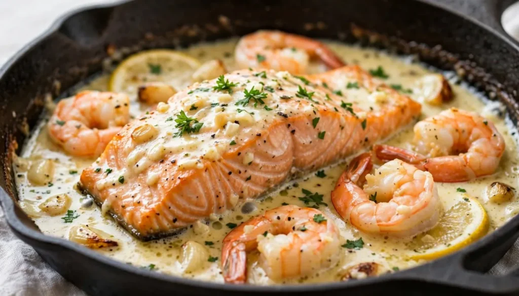 Creamy garlic butter salmon and shrimp bake in a cast iron skillet topped with parsley