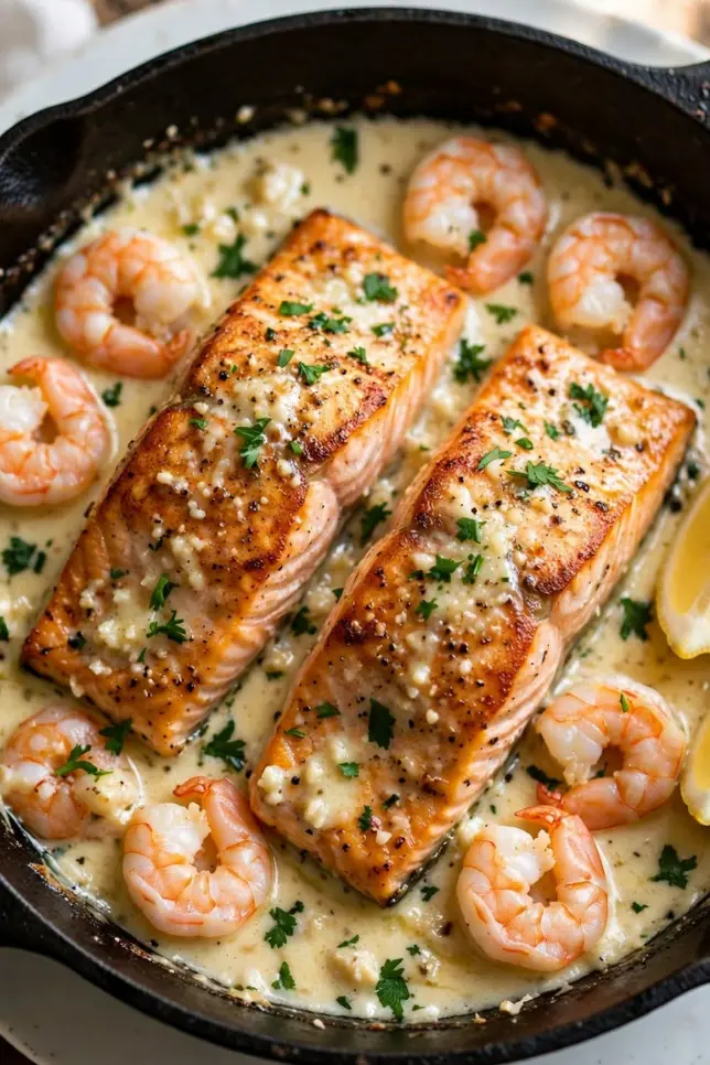 Creamy garlic butter salmon and shrimp bake in a cast iron skillet topped with parsley