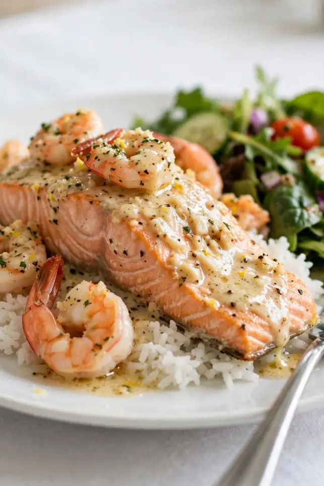 Creamy garlic butter salmon and shrimp bake in a cast iron skillet topped with parsley