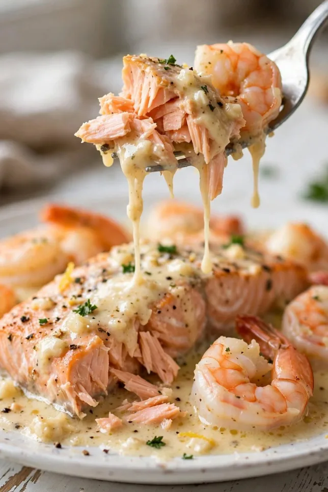 Creamy garlic butter salmon and shrimp bake in a cast iron skillet topped with parsley