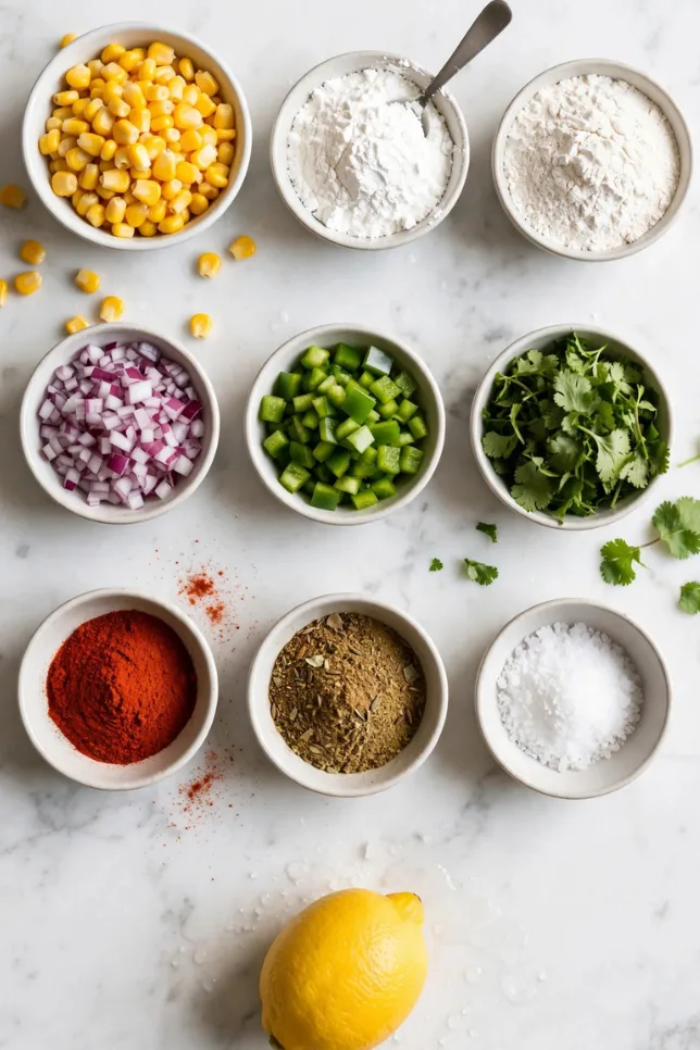 Fresh ingredients for crispy corn including sweet corn, cornstarch, spices, onion, and lemon
