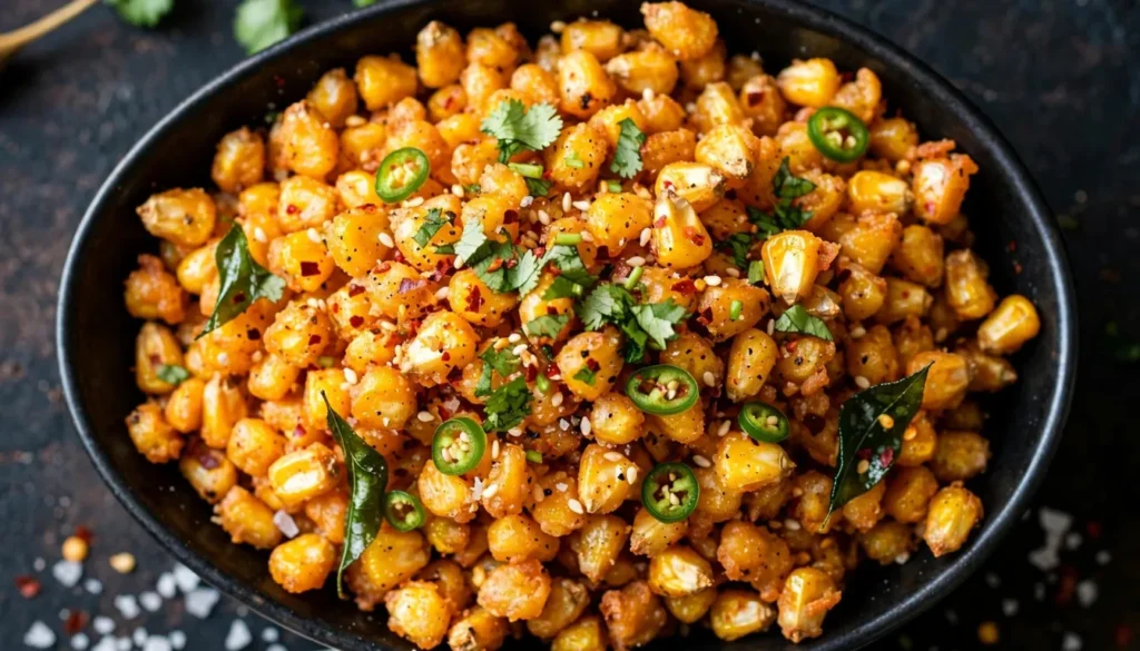 Restaurant style crispy corn in a black bowl garnished with onion, cilantro, and lemon