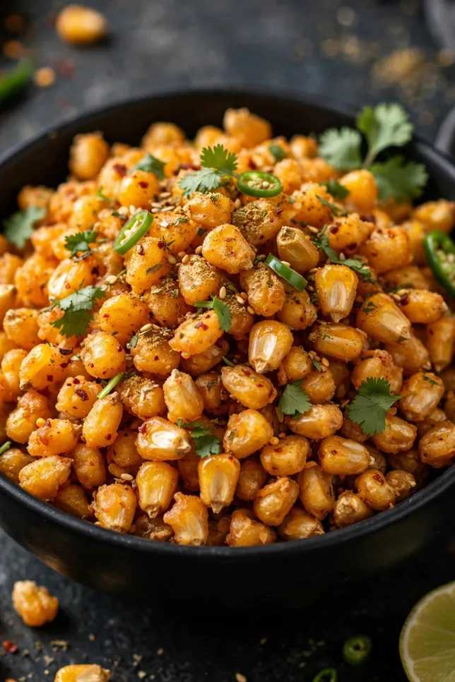 Restaurant style crispy corn in a black bowl garnished with onion, cilantro, and lemon