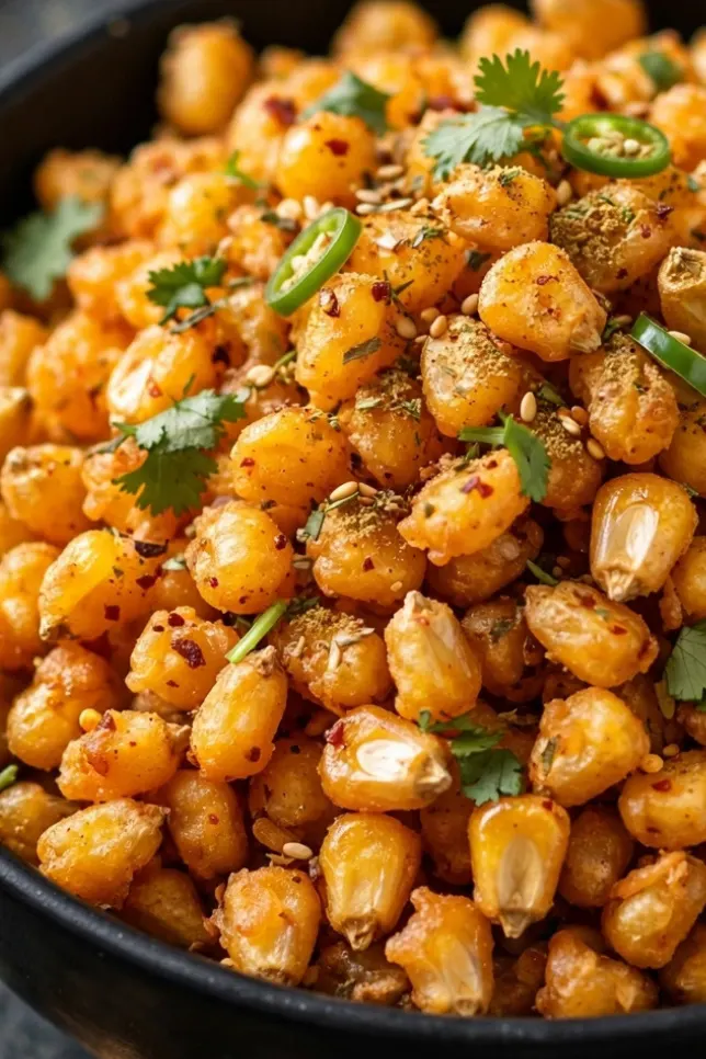 Restaurant style crispy corn in a black bowl garnished with onion, cilantro, and lemon