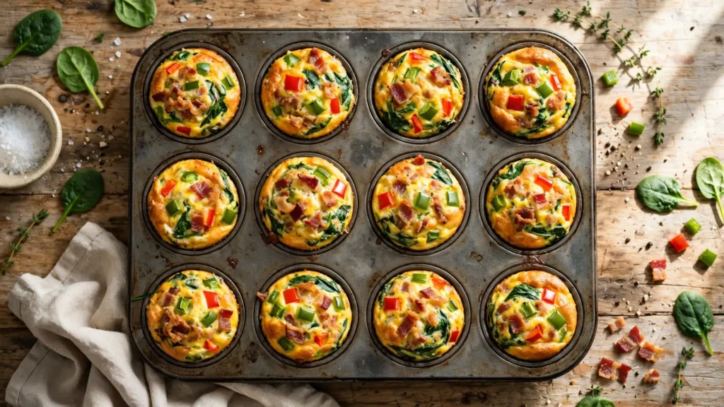 Baked egg muffin cups with vegetables and turkey bacon in a muffin tin