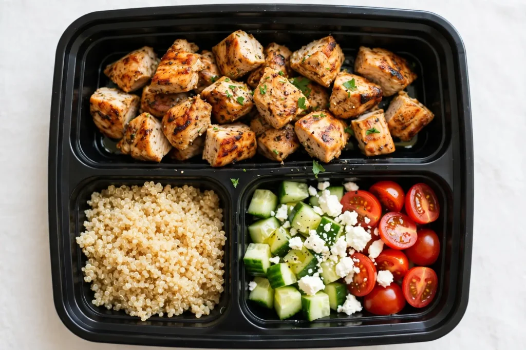 Greek-style chicken meal prep bowl with quinoa, cucumber, tomatoes, and feta