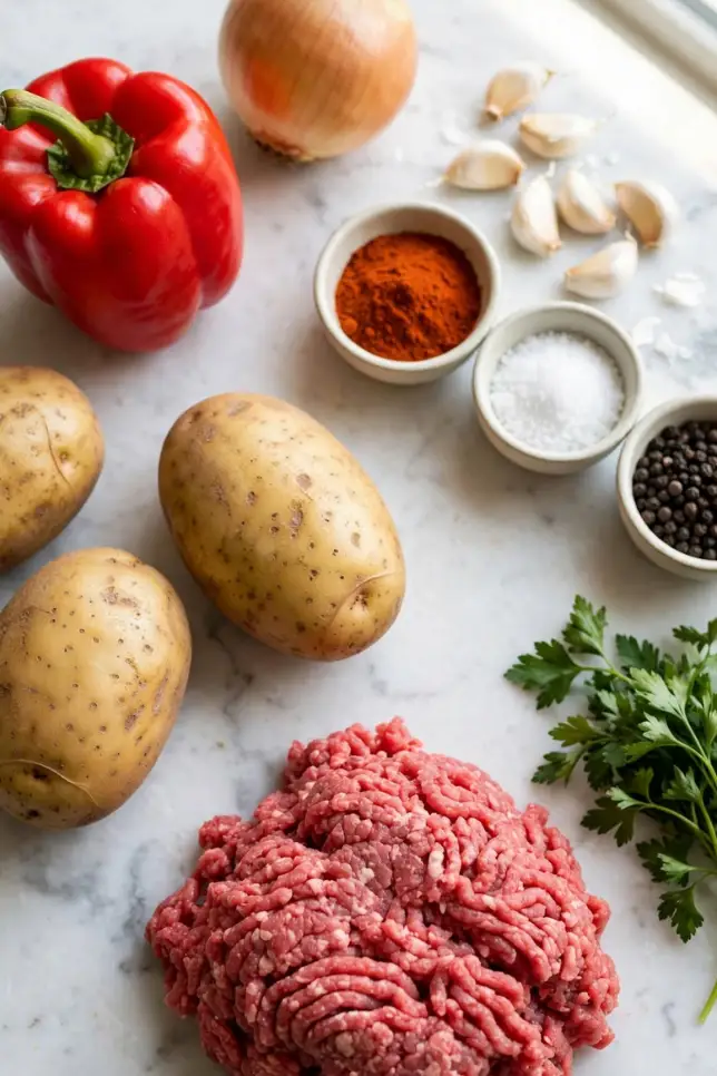 Fresh ingredients for hamburger hash including ground beef, potatoes, bell pepper, onion, and spices
