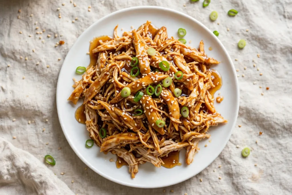 Shredded honey garlic chicken glazed and served over a plate