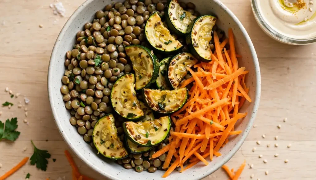 Lentil and vegetable power bowl with tahini sauce on the side