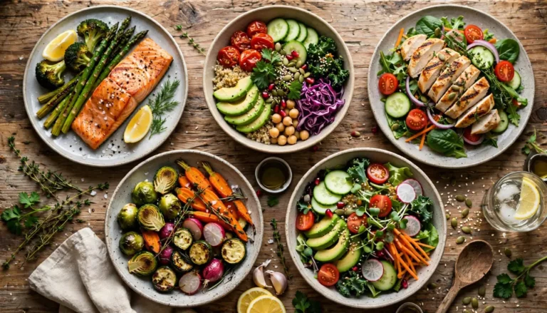 Assortment of low-calorie dinner plates arranged on a wooden table