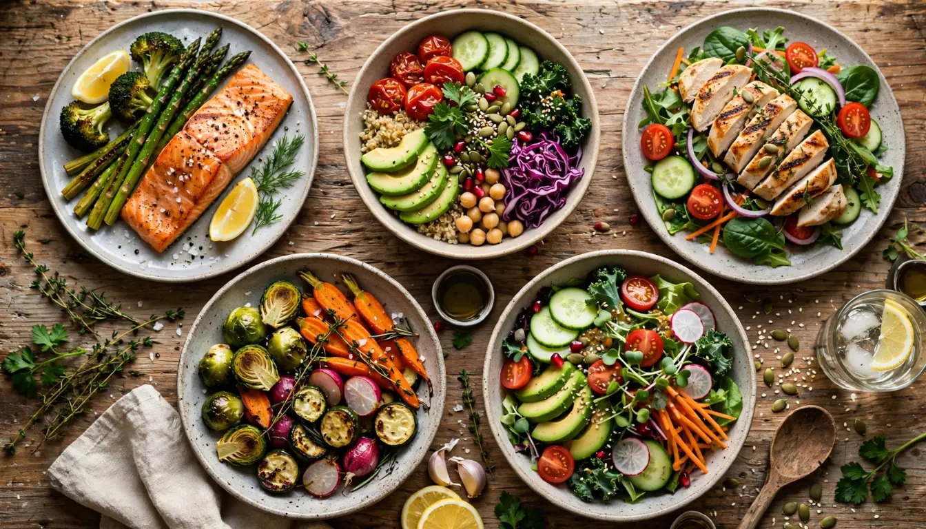 Assortment of low-calorie dinner plates arranged on a wooden table
