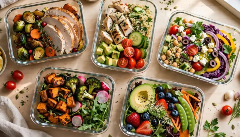 Glass meal prep containers filled with low-calorie lunches lined up on a kitchen counter