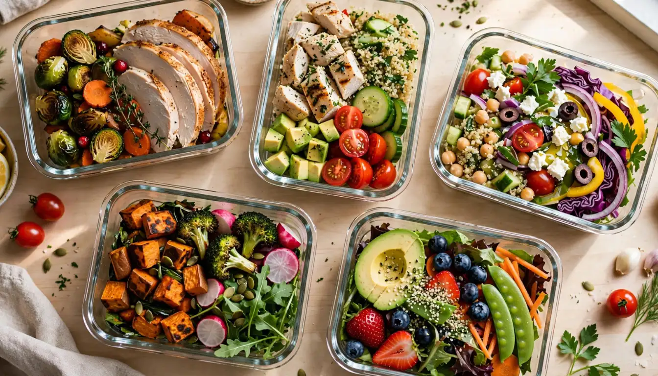 Glass meal prep containers filled with low-calorie lunches lined up on a kitchen counter