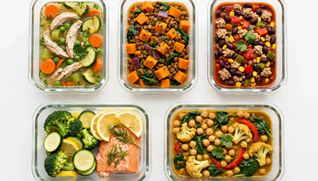 Slow cooker on a kitchen counter filled with a low-calorie stew, steam rising, with fresh vegetables next to it