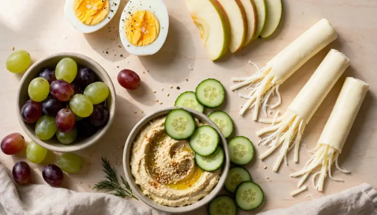 Assorted healthy snacks under 100 calories arranged on a wooden board