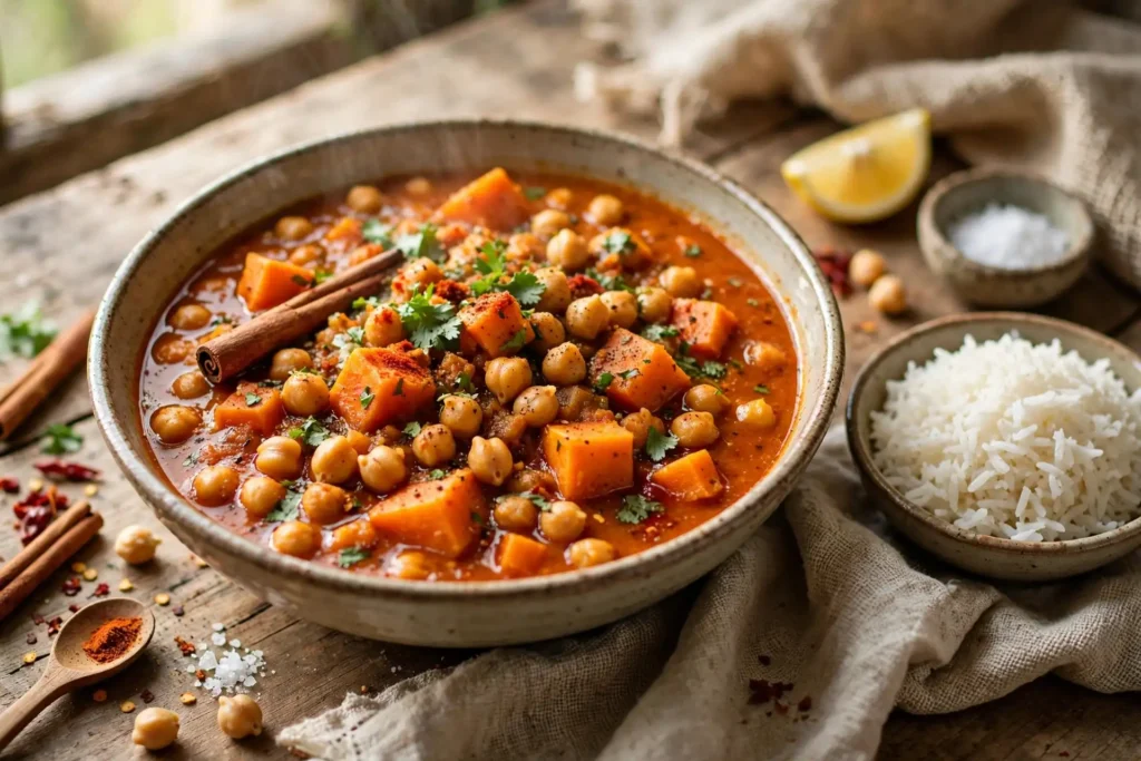 Moroccan spiced chickpea stew with sweet potato served over rice
