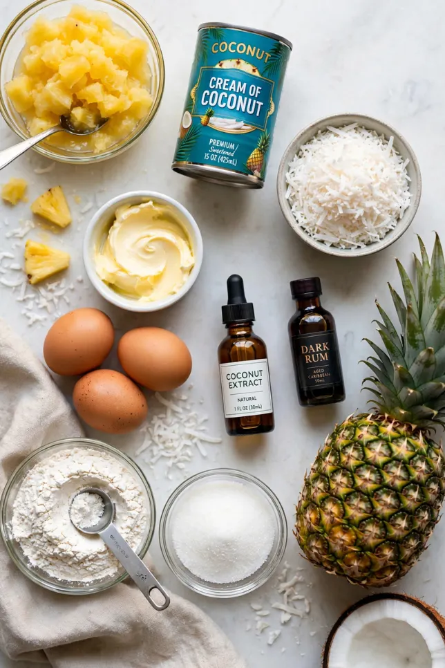 Ingredients for piña colada cake including crushed pineapple, cream of coconut, and shredded coconut