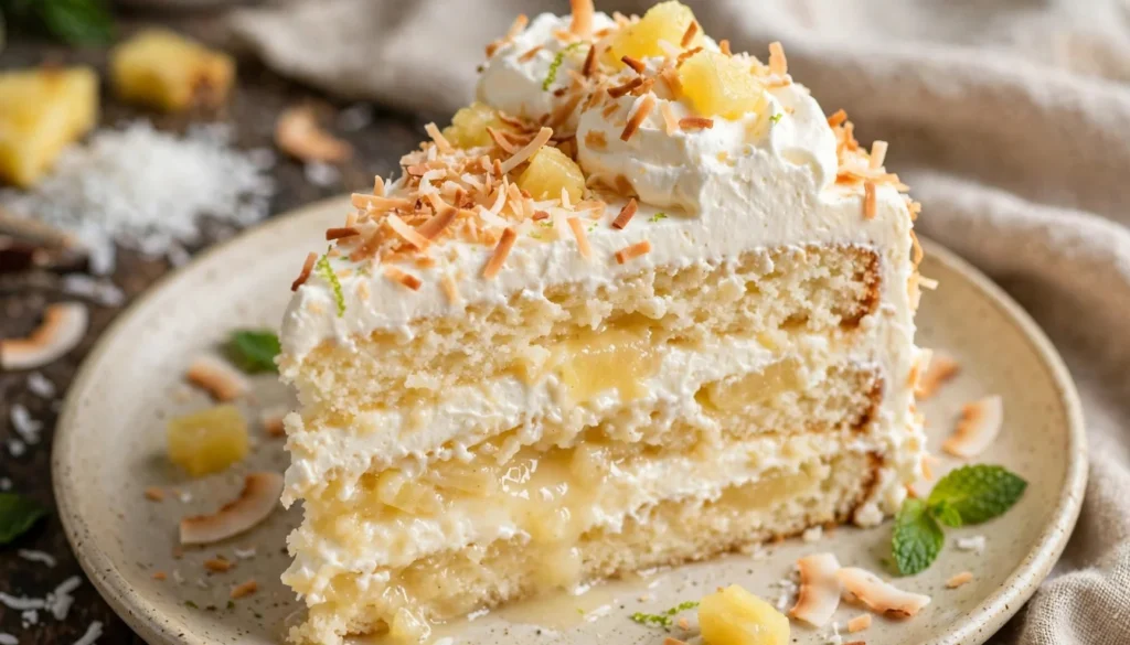 Moist piña colada poke cake topped with whipped cream, toasted coconut, and cherries