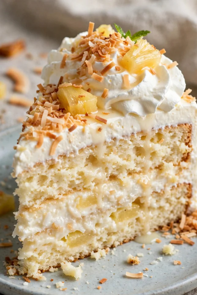 Moist piña colada poke cake topped with whipped cream, toasted coconut, and cherries