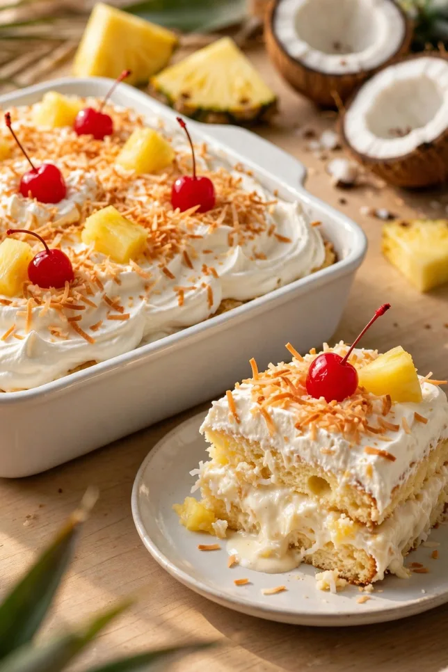 Moist piña colada poke cake topped with whipped cream, toasted coconut, and cherries