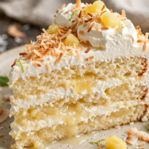 Moist piña colada poke cake topped with whipped cream, toasted coconut, and cherries