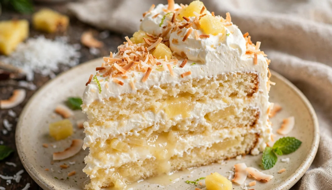 Moist piña colada poke cake topped with whipped cream, toasted coconut, and cherries