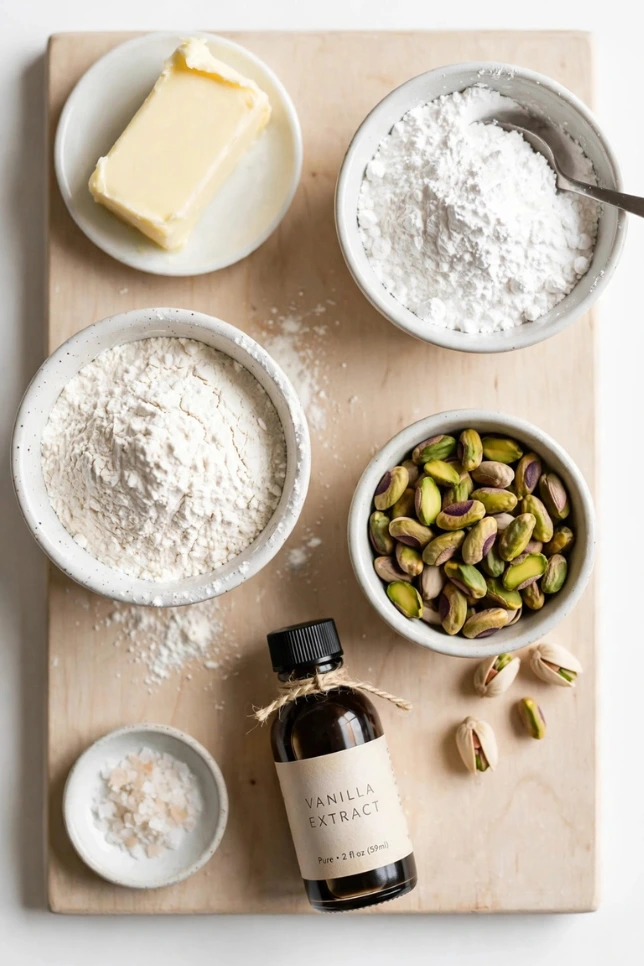 Flat lay of pistachio shortbread cookie ingredients including butter, powdered sugar, pistachios, flour, and vanilla extract
