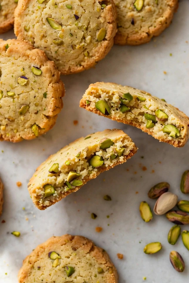 Golden pistachio shortbread cookies arranged on white marble with scattered pistachios