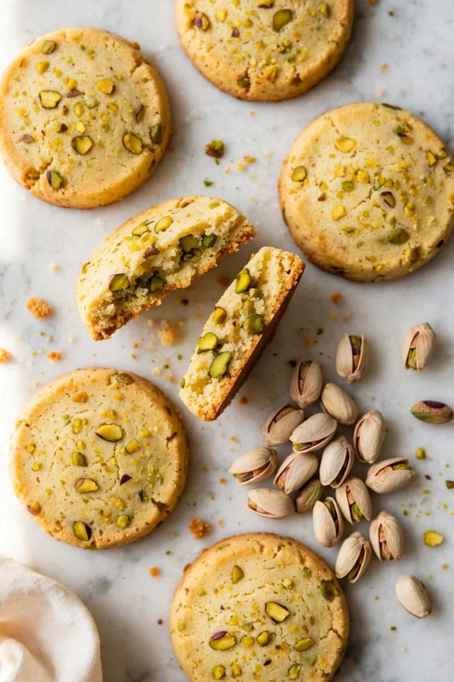 Golden pistachio shortbread cookies arranged on white marble with scattered pistachios