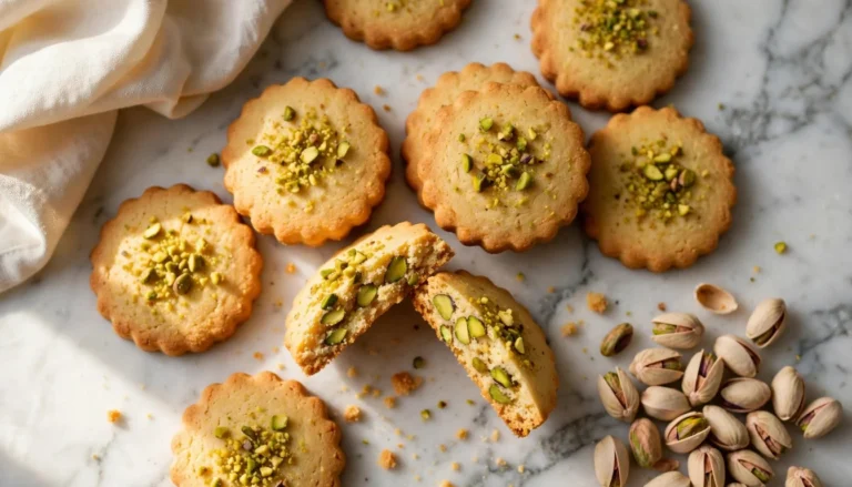 Golden pistachio shortbread cookies arranged on white marble with scattered pistachios