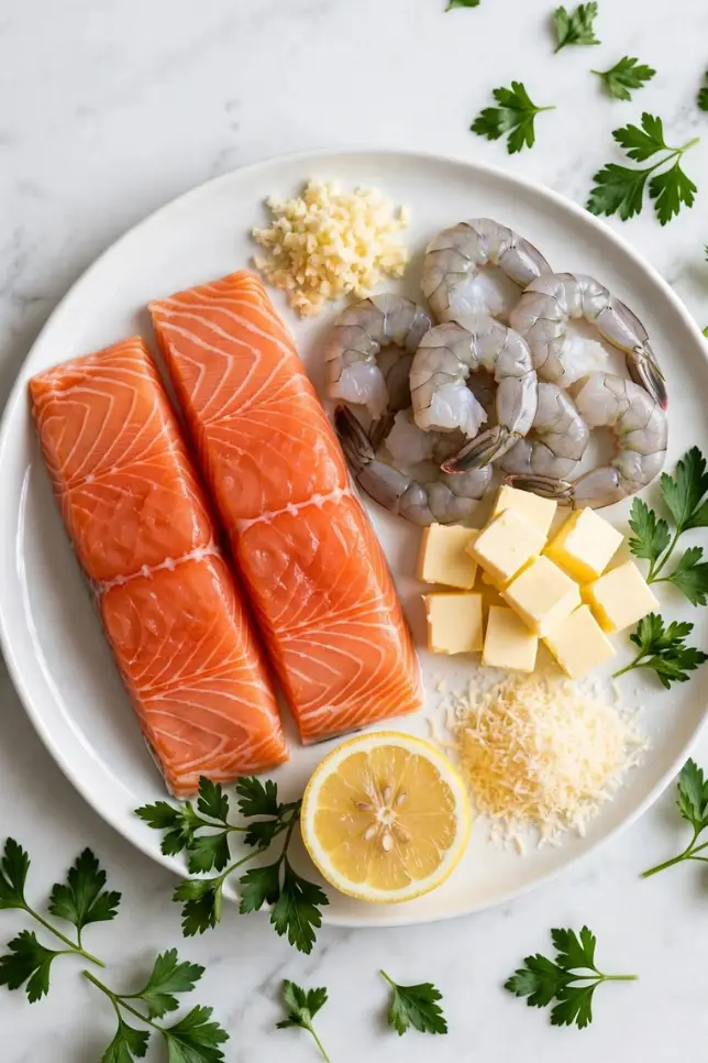 Fresh salmon fillets, raw shrimp, garlic, butter, and parmesan laid out for a seafood bake