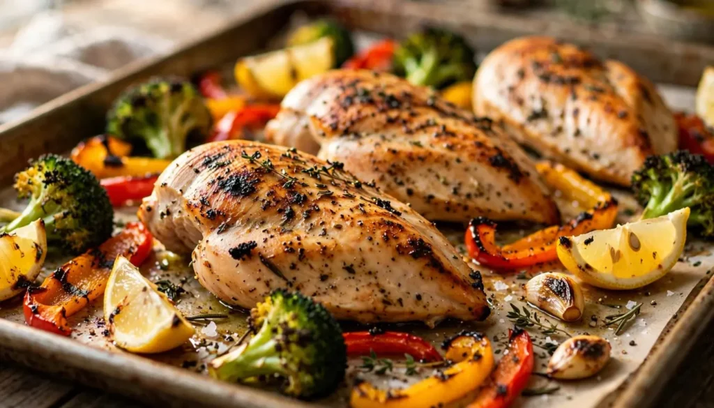 Sheet pan lemon chicken with broccoli and bell peppers