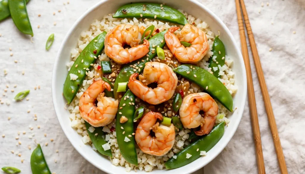 Bowl of shrimp and cauliflower rice stir-fry with snap peas