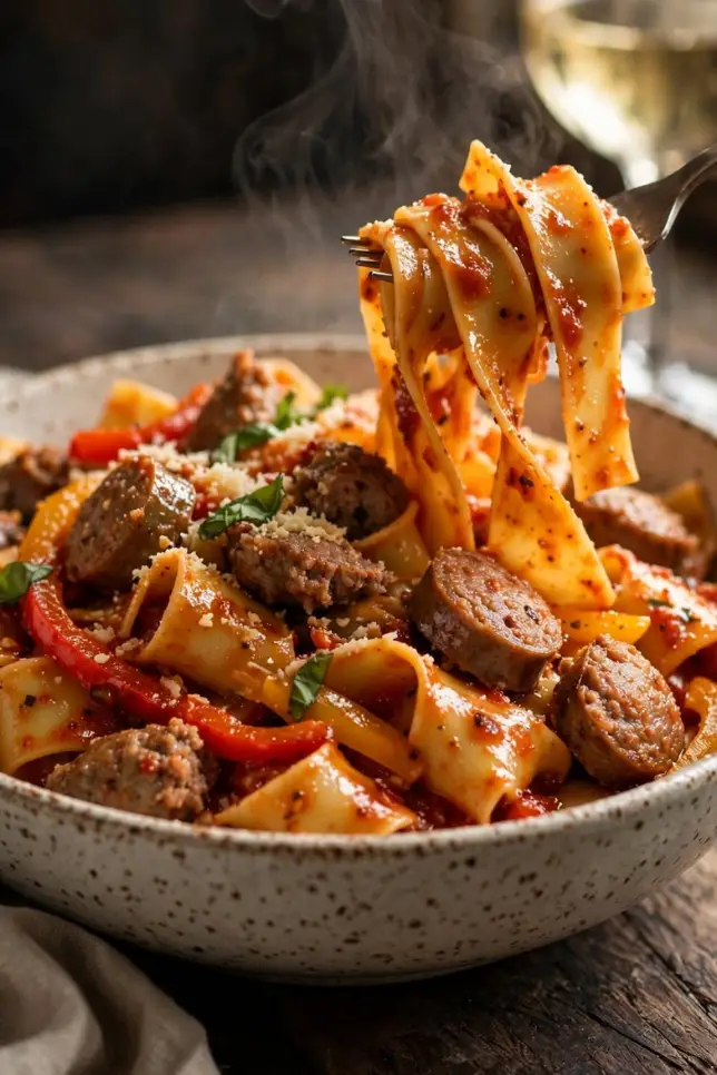 Bowl of spicy Italian drunken noodles with sausage, bell peppers, basil, and Parmesan