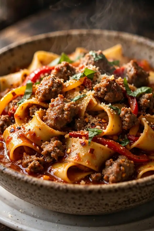 Bowl of spicy Italian drunken noodles with sausage, bell peppers, basil, and Parmesan